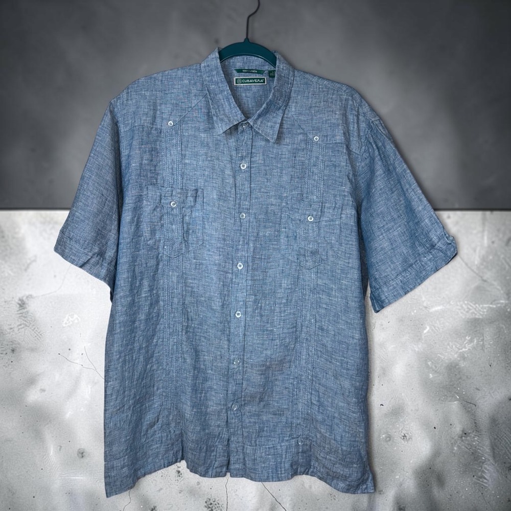 Cubavera Guayabera Shirt Mens L Blue 100% Linen Short Sleeve Button Up Pockets